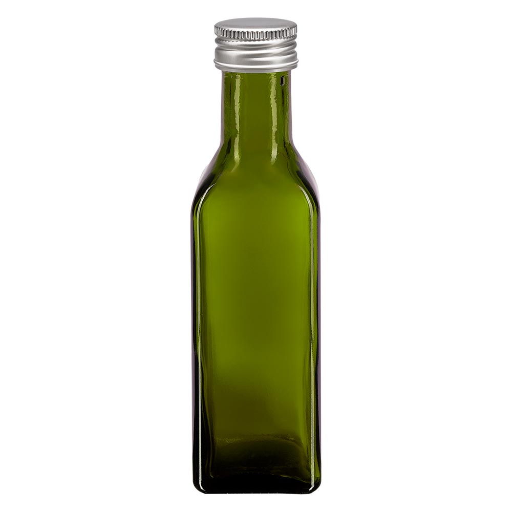 Bouteille d'huile 100 ml carrée, vert olive + capsule à vis en aluminium argenté (PP 24 mm)