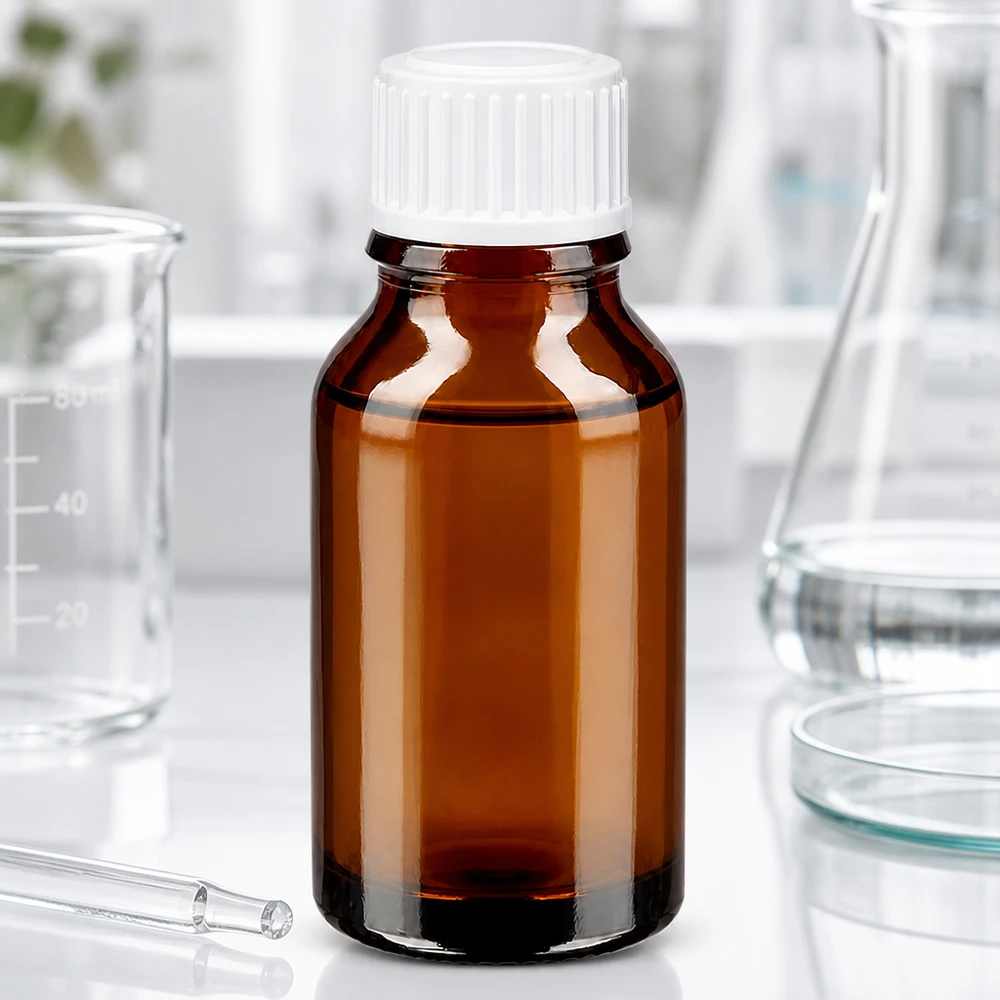 Flacon à pharmacie brun 15ml bouchon compte-gouttes blanc 0.8mm std Flacon médical en verre ambré de 15 ml avec bouchon à vis blanc, utilisé en laboratoire