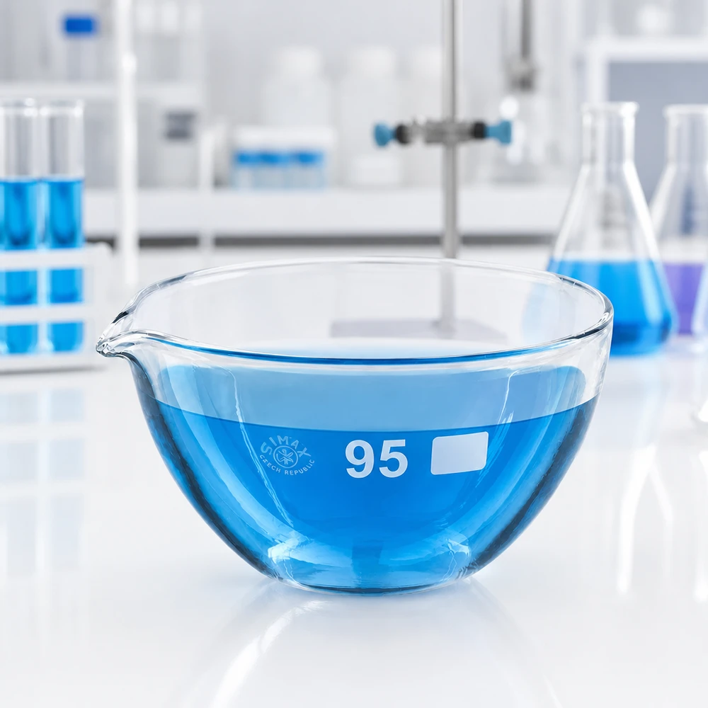 Capsule d’évaporation 170 ml en verre borosilicate, avec bec verseur Bol en verre à paroi épaisse de 95 mm de diamètre avec bec verseur pour une manipulation sûre des solutions chaudes