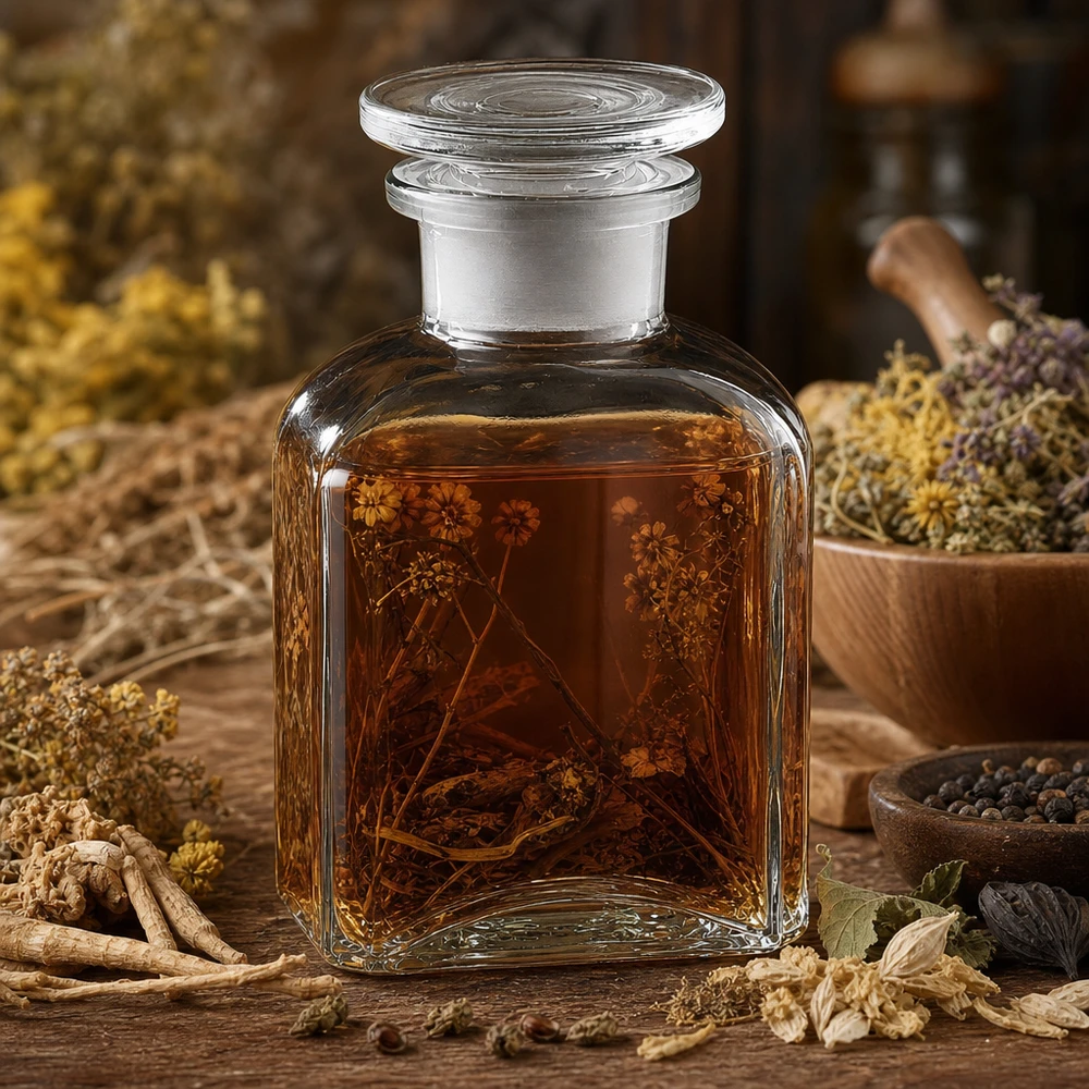 Flacon carré col large 150 ml + bouchon RIN, verre clair Bouteille rectangulaire en verre transparent de 150 ml avec bouchon en verre, remplie d'une teinture à base de plantes, posée sur une table en bois
