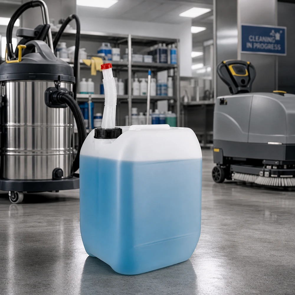 Bidon de nettoyage bleu de 10 litres avec bec verseur flexible, destiné au nettoyage professionnel des bâtiments