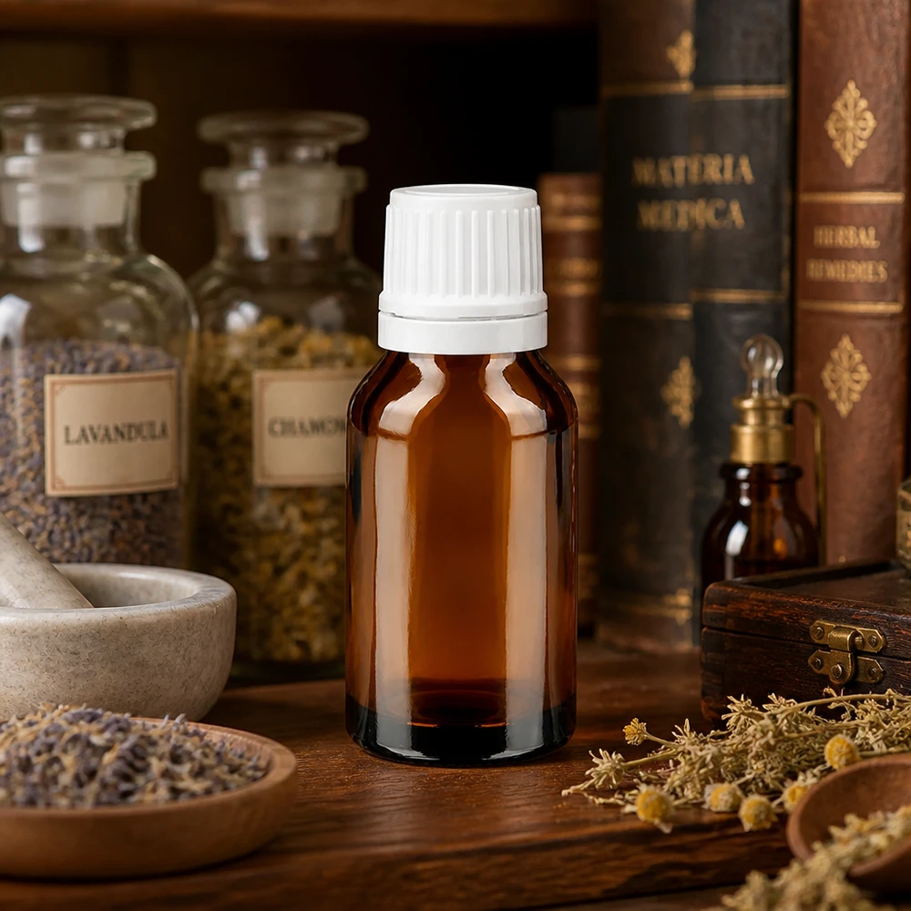 Flacon à pharmacie brun 15ml bouchon inviolable blanc 1.2mm blanc bouchon inviolabilité Flacon compte-gouttes de 15 ml de couleur ambre avec bouchon à vis blanc, présenté devant des ouvrages de Materia Medica