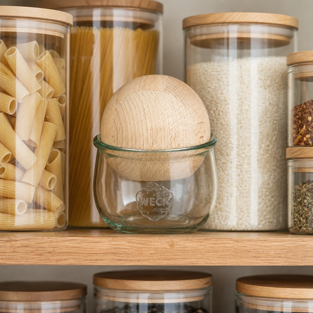 WECK Bocal tulipe 580ml RR100 avec boule en bois de hêtre dans une cuisine organisée entre les pâtes et le riz Bocaux de conservation