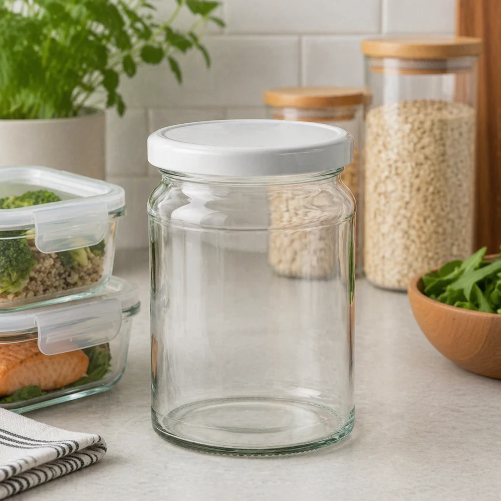 205ml Verre rond avec couvercle BasicSeal blanc UNiTWIST Bocal rond de 205ml avec couvercle blanc dans une cuisine moderne - Bocal de rangement entre les boîtes à provisions et les ustensiles de cuisine