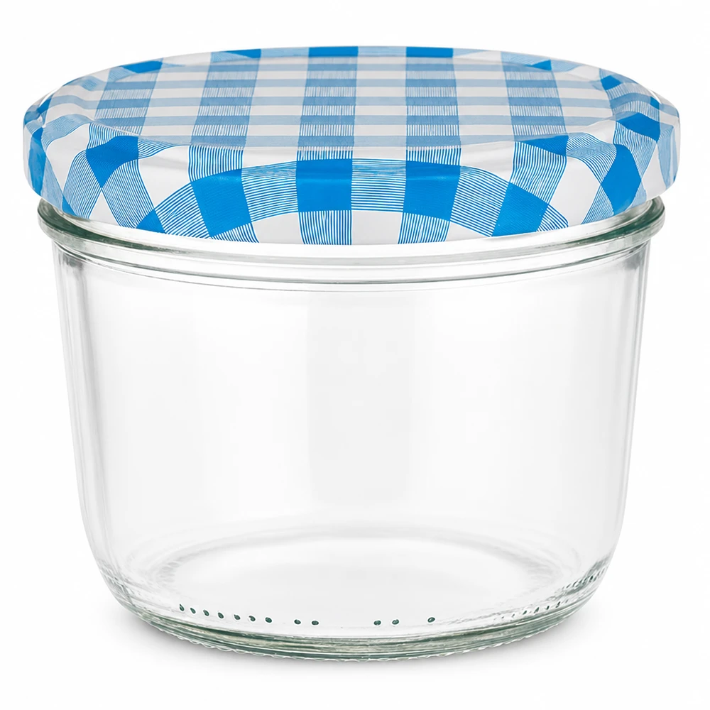 Pot renversé de 230 ml avec couvercle BasicSeal à carreaux bleus et blancs pour confitures et conserves