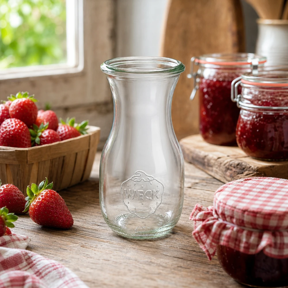 Bouteille à jus WECK RR60 de 290 ml WECK Bouteille de jus 290ml RR60 dans une cuisine rustique avec des fraises fraîches et de la confiture maison