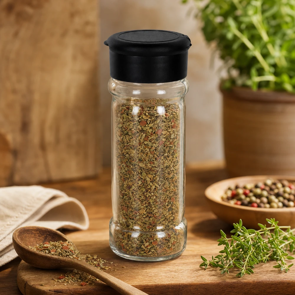 Pot à épices de 100 ml contenant des herbes séchées et muni d'une saupoudreuse noire, posé sur une planche en bois
