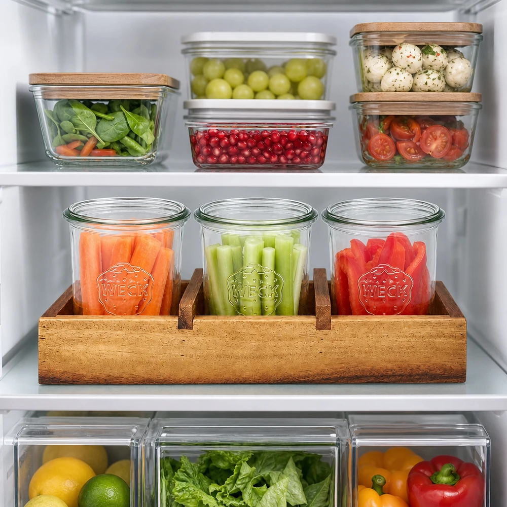 Planche de service en acacia Box3 bocaux WECK Réfrigérateur Organisation Meal Prep Légumes Conservation aliments frais