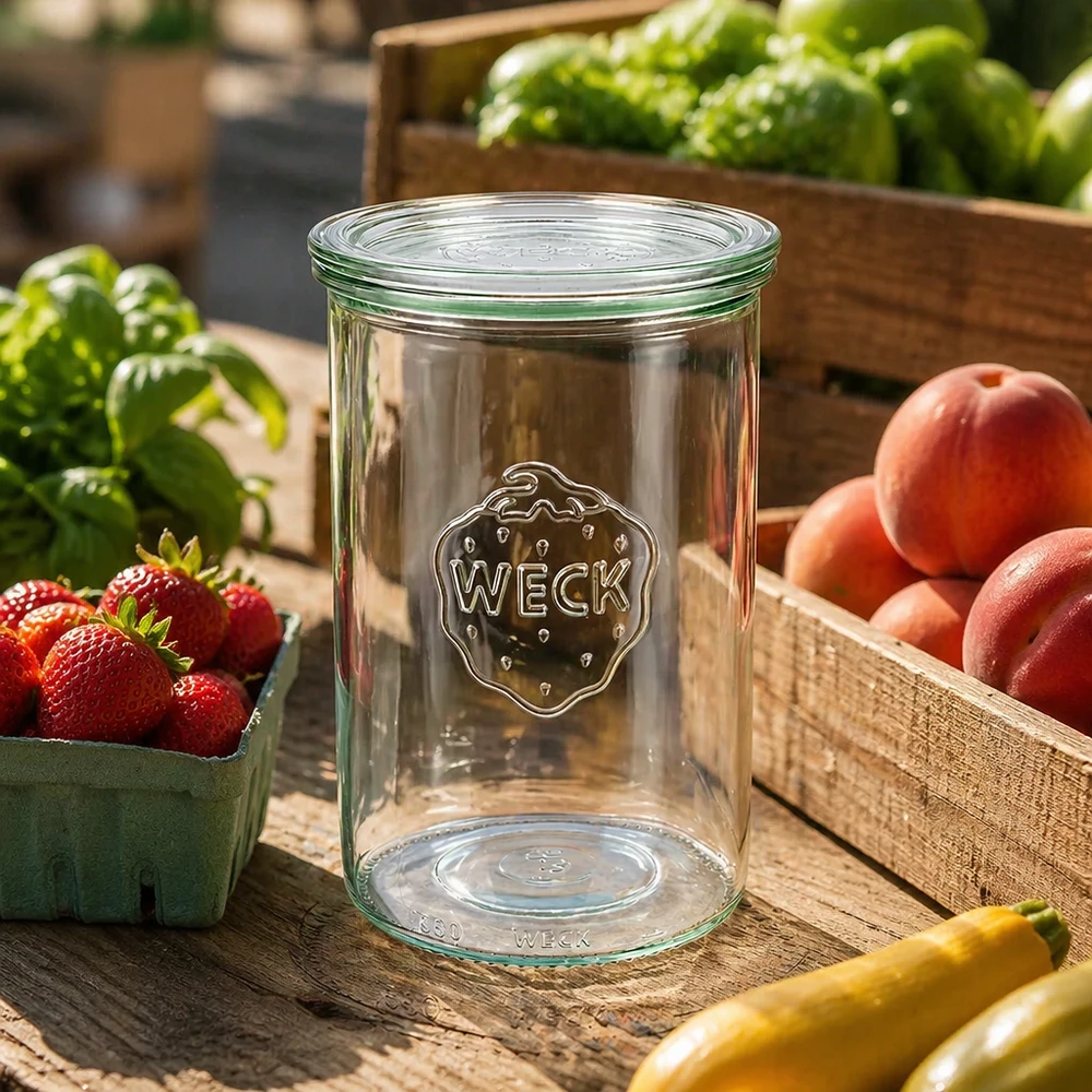 WECK Pot renversé 1000ml RR100 vide en plein air sur table en bois entouré de fruits et légumes frais dans des caisses en bois