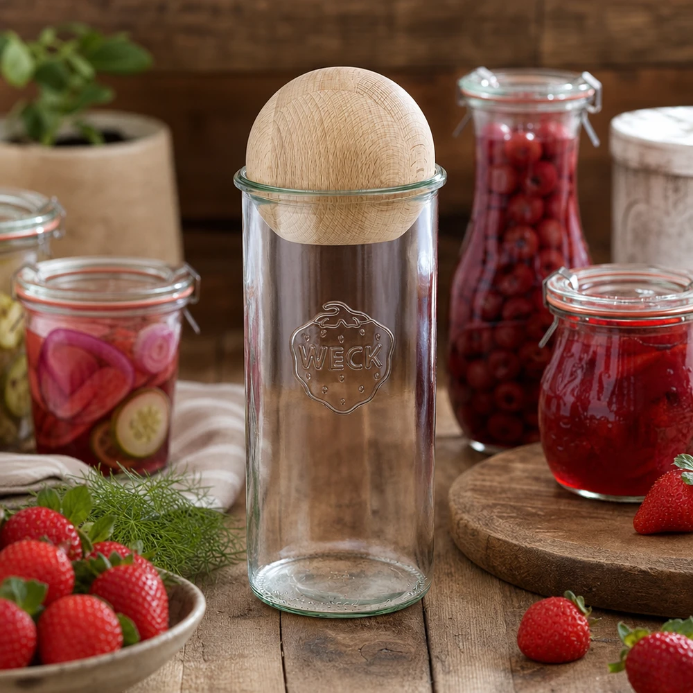WECK Pot à couvercle 1500ml RR100 décoré avec des pots de confiture et des fraises fraîches sur une table en bois