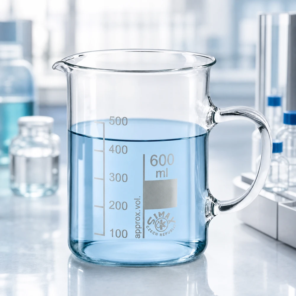 Verre à bec Simax de 600 ml avec anse, en verre borosilicaté transparent, rempli à moitié d'eau