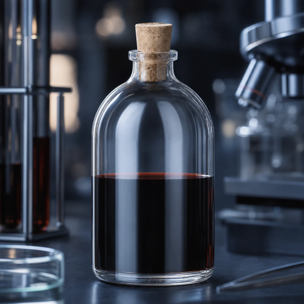Kleine Vorratsflasche 100ml Klarglas Korkverschluss 11/14mm mit tiefrotem Flüssigkeitsinhalt