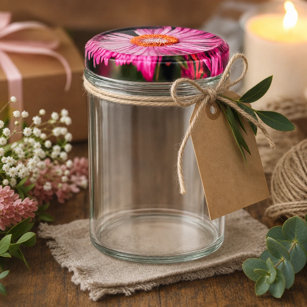 350ml Verre conique avec couvercle BasicSeal decor floral UNiTWIST Pot de conserve décoratif de 350 ml avec couvercle à fleurs, idée cadeau avec pendentif en corde de jute et décorations florales