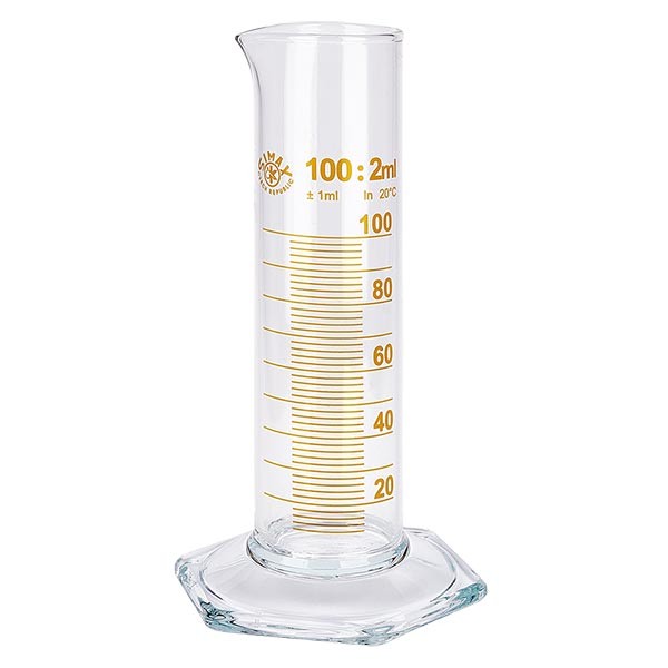 Éprouvette graduée 100 ml, forme basse et graduations marron, ISO 4788 Éprouvette graduée 100 ml, forme basse et graduations marron, ISO 4788