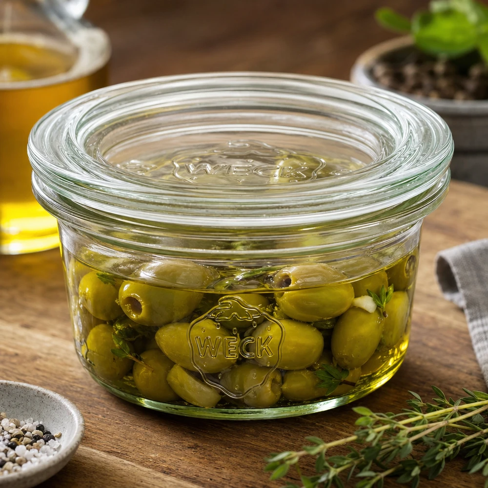 50ml bocal conique avec bouchon en verre WECK RR60 WECK Verre renversé 50ml avec olives marinées dans de l'huile aux herbes à côté d'épices sur fond en bois