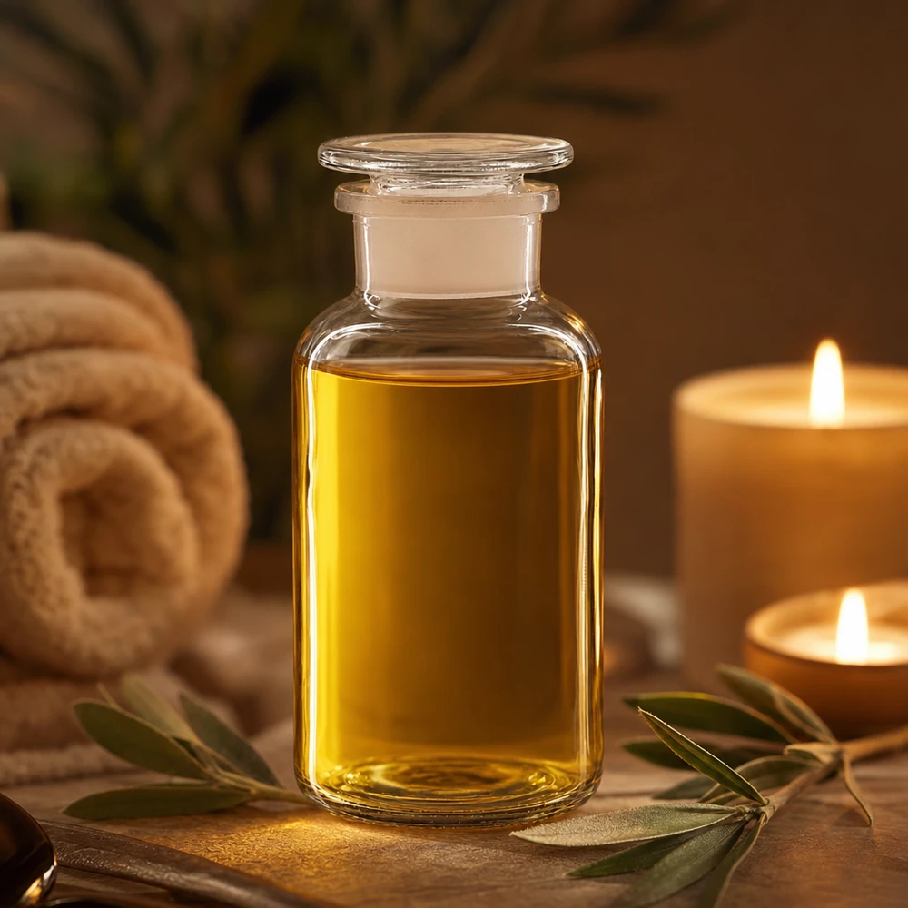 Bouteille à épaules arrondies de 500 ml remplie d'huile dorée, à côté de bougies et d'un rameau d'olivier – ambiance spa