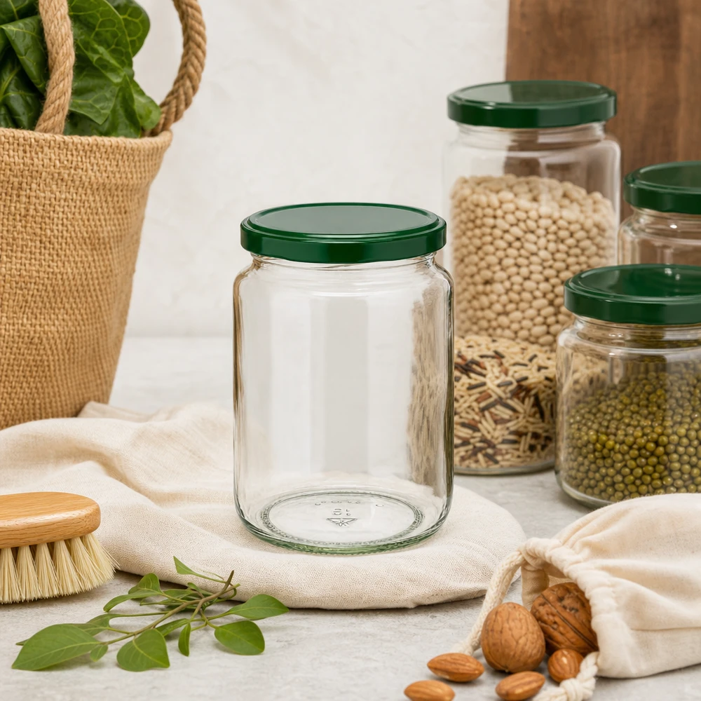 795ml Verre rond avec couvercle BasicSeal vert UNiTWIST 795ml Rundglas UNiTWIST mit grünem Deckel in nachhaltiger Zero-Waste-Küche neben Nüssen und Hülsenfrüchten