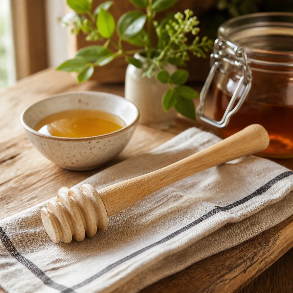 Pelle à miel en bois 10,5 cm Cuillère à miel en érable à côté d'un bol et d'un pot de miel sur une table rustique en bois avec un pot d'herbes en arrière-plan