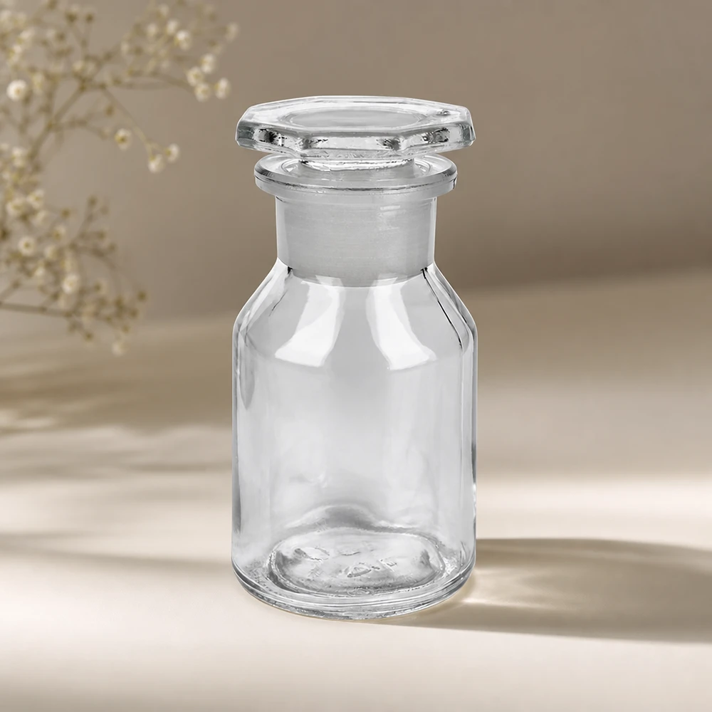 Flacon à col large de 50 ml, transparent, à paroi droite, avec bouchon en verre facetté, destiné aux pharmacies et aux collectionneurs