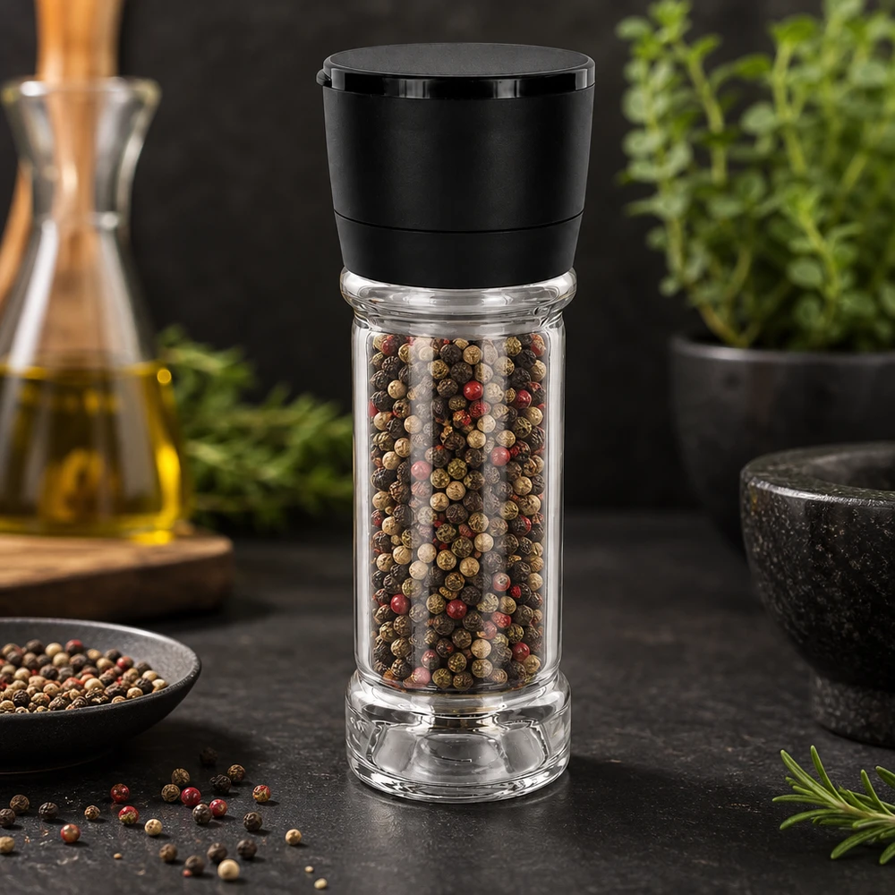 Pot à sel/épices 100 ml avec moulin Vario noir Pot à épices de 100 ml avec moulin noir, rempli de grains de poivre multicolores sur fond sombre
