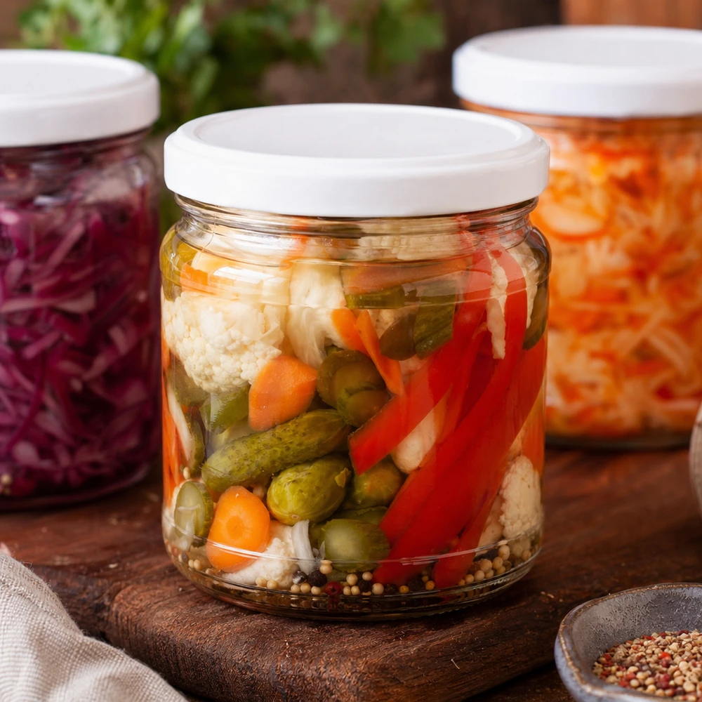 212ml Verre rond avec couvercle BasicSeal blanc UNiTWIST Bocal rond de 212 ml avec couvercle BasicSeal rempli de légumes marinés - concombres, poivrons, choux-fleurs et épices