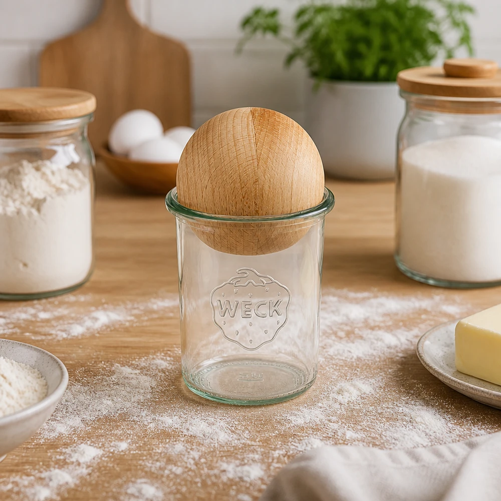 160ml bocal conique WECK RR60 avec boule en bois en hêtre WECK Verre renversé RR60 160ml avec couvercle en forme de boule de hêtre, placé dans la cuisine entre les pots de farine et les ingrédients de cuisson.