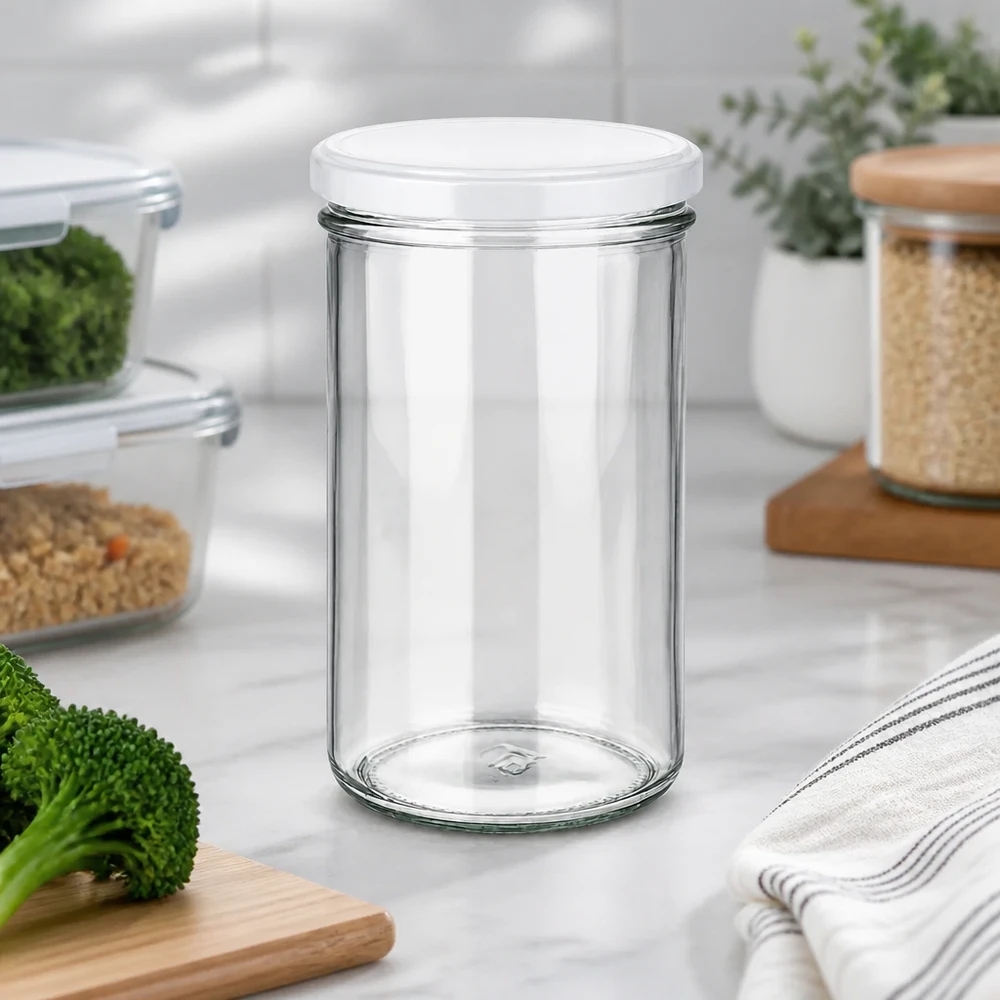 230ml Verre conique avec couvercle BasicSeal blanc UNiTWIST 277ml Einmachglas in moderner Küchenumgebung mit Gemüse und Vorratsgläsern - vielseitig für Meal Prep und Aufbewahrung