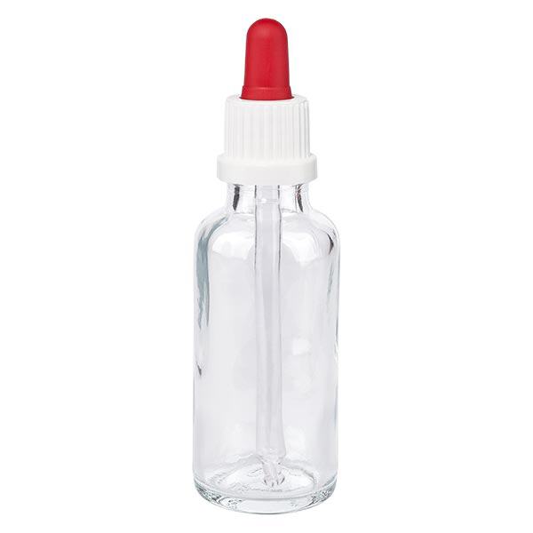 Flacon clair 30 ml + pipette rouge et blanche à système d'inviolabilité Flacon clair 30 ml + pipette rouge et blanche à système d'inviolabilité