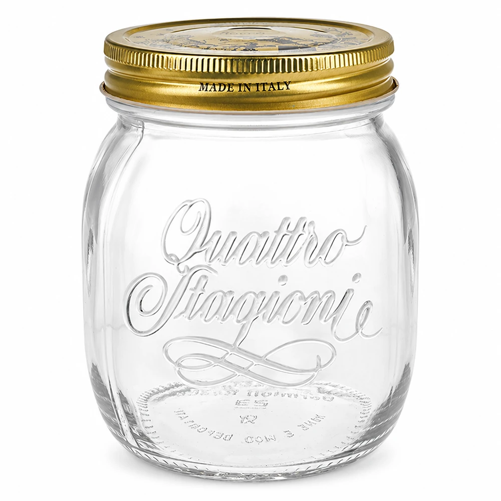 Verre rond 700ml « Quattro Stagioni » avec couvercle Pot rond 700ml Quattro Stagioni avec couvercle doré Made in Italy Pot de conservation design italien vide