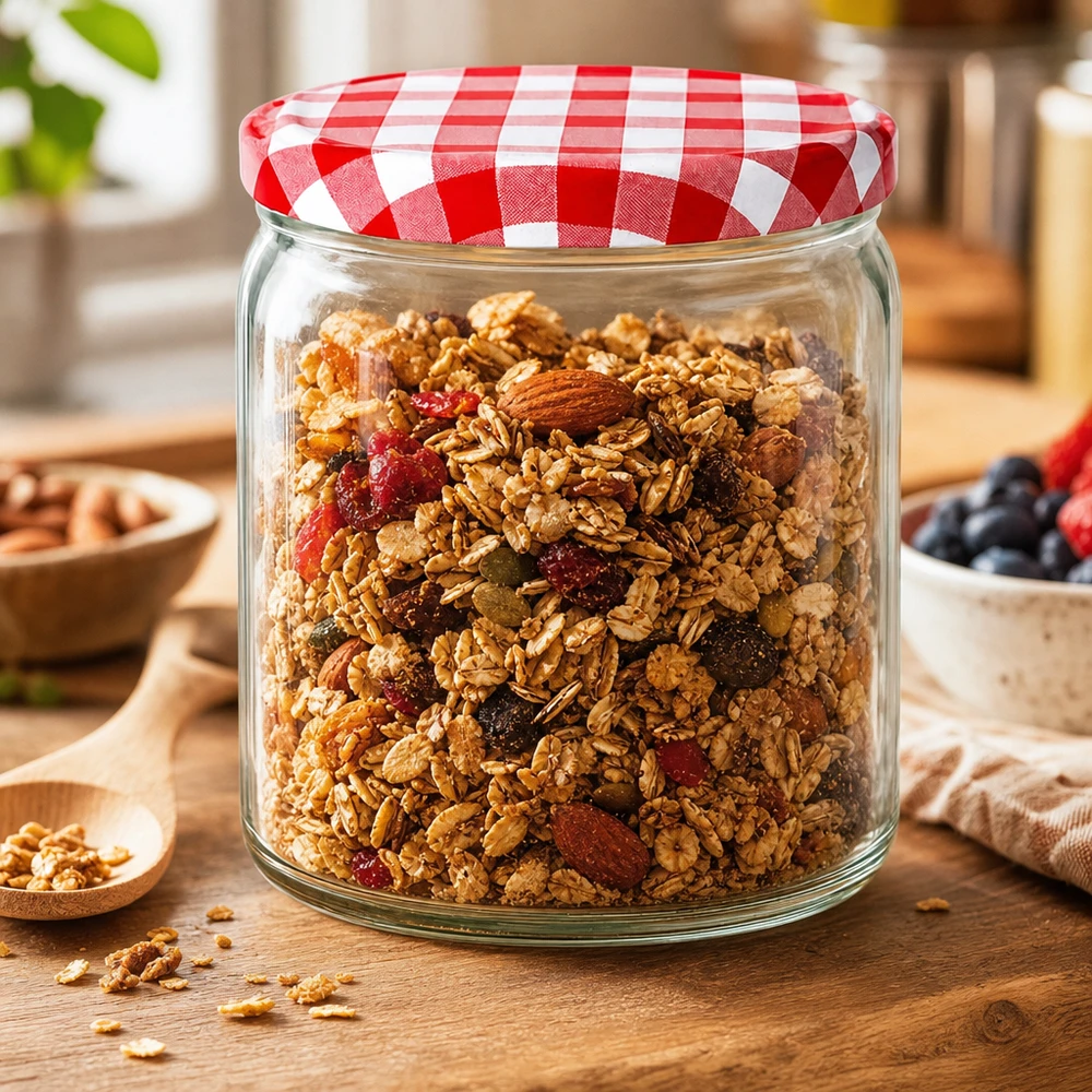 408ml Verre rond avec couvercle BasicSeal rouge/blanc UNiTWIST Bocal rond de 408ml rempli de muesli granola noix cranberries Couvercle BasicSeal rouge blanc à carreaux Bocal de réserve petit déjeuner