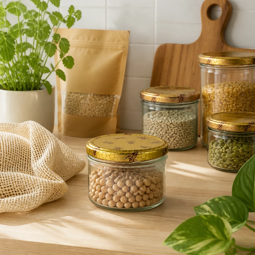 225ml Ensemble de bocaux en verre renversés Couvercle en nid d'abeille rempli de légumineuses Céréales Boîtes à provisions Cuisine Zéro déchet Conservation