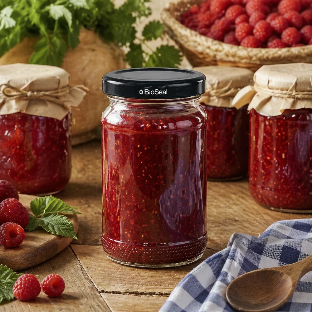 UNiTWIST Runda110 fourré à la confiture de framboises avec couvercle noir TO48 BioSeal entre des bocaux sur un support en bois.
