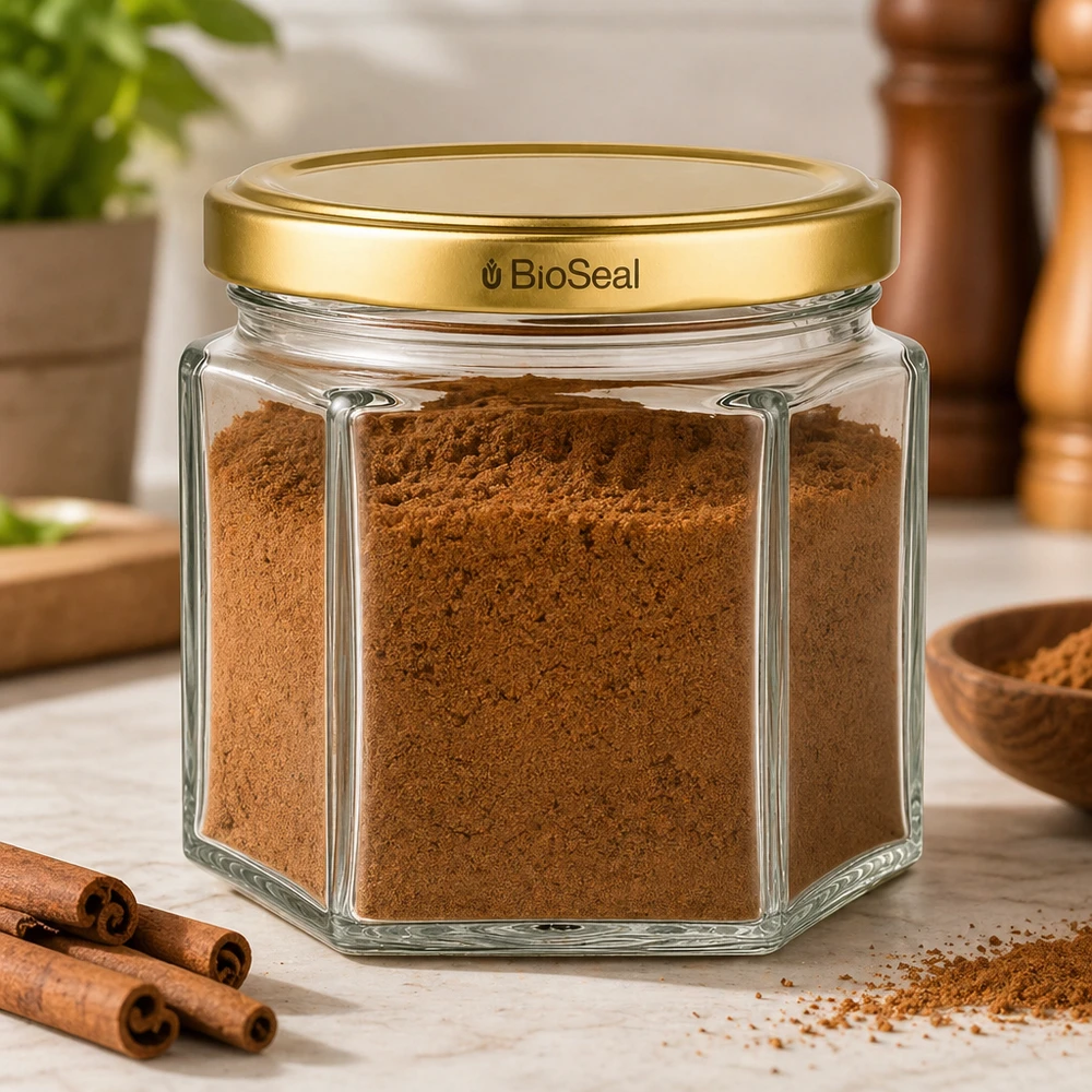 UNiTWIST Hexa47 Pot en verre avec couvercle BioSeal doré rempli de cannelle dans une cuisine rustique