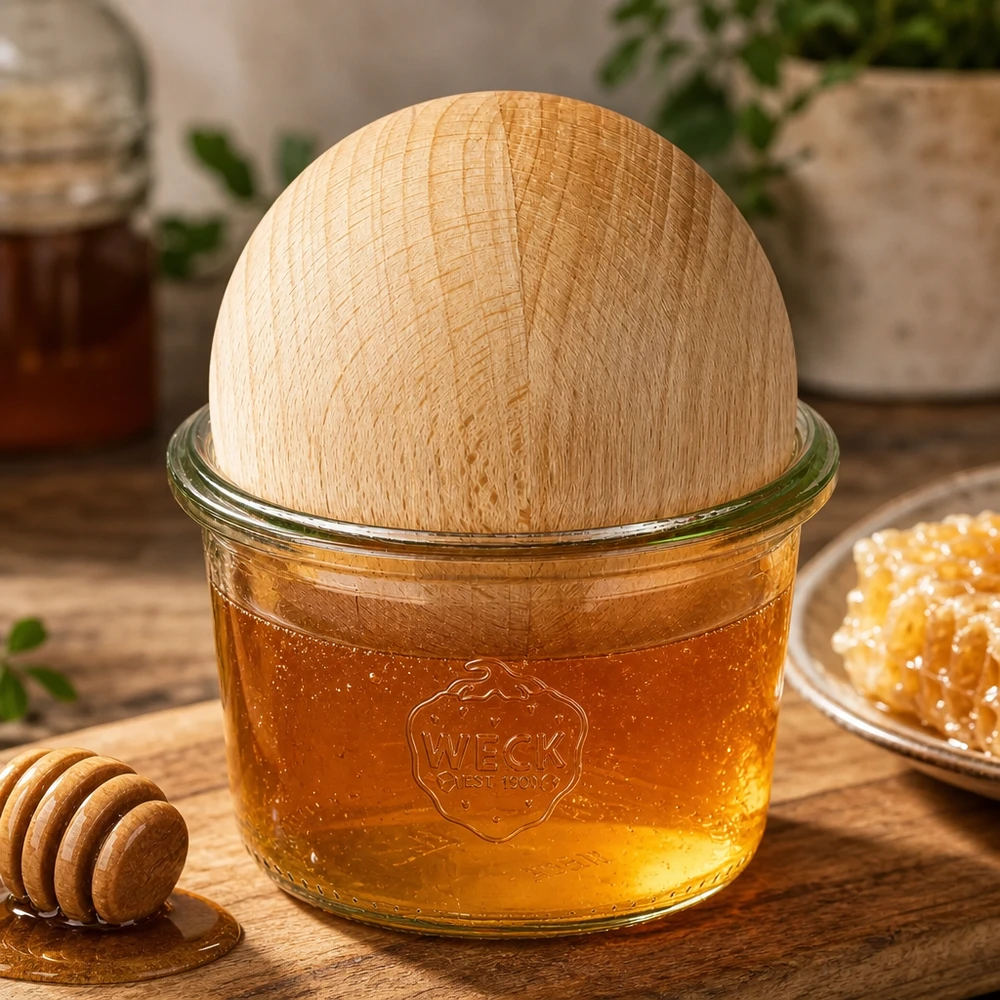 80ml bocal conique WECK RR60 avec boule en bois en hêtre Pot renversé WECK RR60 de 80 ml rempli de miel avec couvercle en forme de boule en hêtre à côté de la cuillère à miel et du rayon de miel