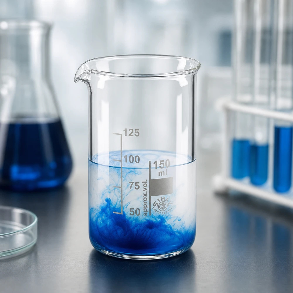 Bécher 150ml en verre borosilicate résistant à la chaleur (forme haute) Bécher en verre borosilicaté de 150 ml, de forme haute, contenant une solution bleue dans un laboratoire de chimie