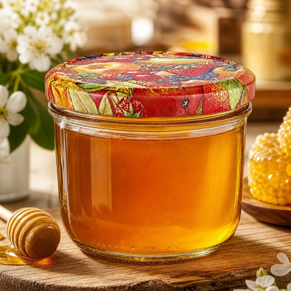 Pot de 230 ml rempli de miel avec couvercle BasicSeal multicolore décoré de fruits, à côté de la cuillère à miel et du nid d'abeille.