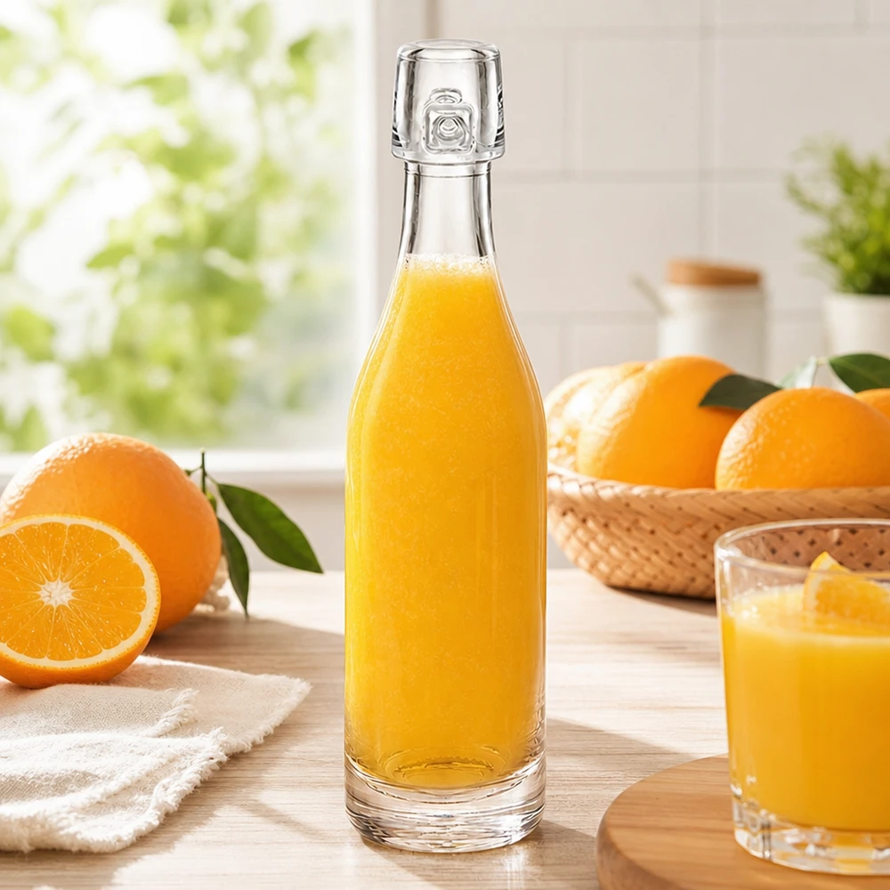 Bouteille en verre de 50 ml sans bouchon mécanique UNiTWIST Bouteille en verre de 50 ml UNiTWIST remplie de jus d'orange entre des oranges fraîches Lumière de la fenêtre de la cuisine
