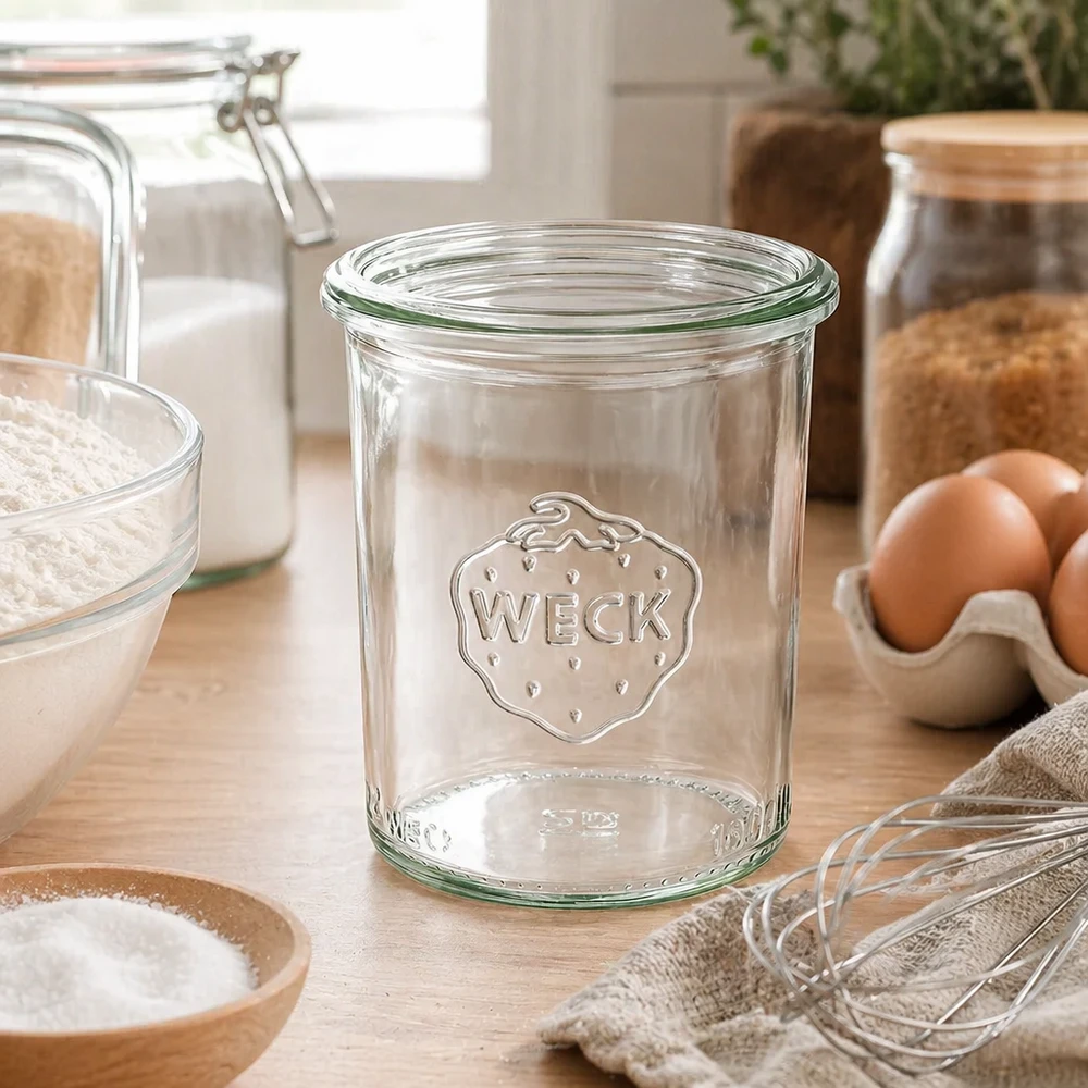 160ml bocal conique WECK RR60 160ml WECK Verre renversé RR60 en verre clair avec logo dans une cuisine moderne à côté des œufs et des ingrédients de cuisson