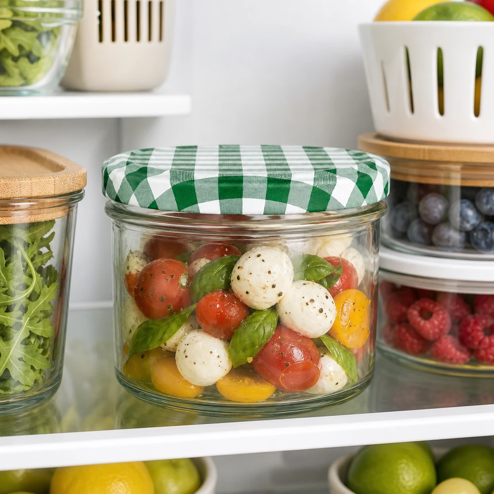 225ml Verre conique avec couvercle BasicSeal vert/blanc UNiTWIST Pot renversé de 225 ml avec couvercle à carreaux vert et blanc rempli de salade Caprese au réfrigérateur parmi d'autres bocaux de conservation