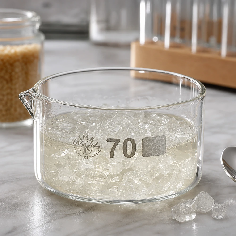 Coupelle Simax plate de 100 ml remplie de glaçons, posée sur une surface en marbre à côté de tubes à essai