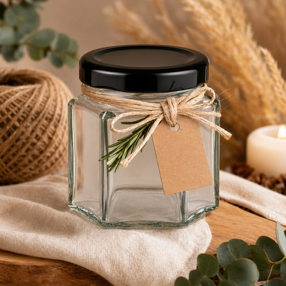 Verre hexagonal de 47 ml avec couvercle noir, mis en scène de manière décorative avec un ruban de jute et une branche d'herbe comme emballage cadeau