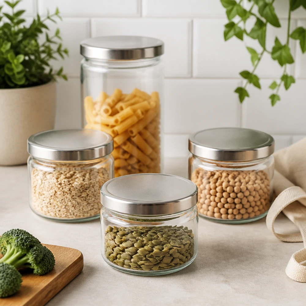 330ml Verre rond avec couvercle BasicSeal argent UNiTWIST Bocal rond de 330ml avec couvercle BasicSeal dans une scène de cuisine moderne avec des pâtes lentilles pois chiches graines de potiron Set de bocaux à provisions