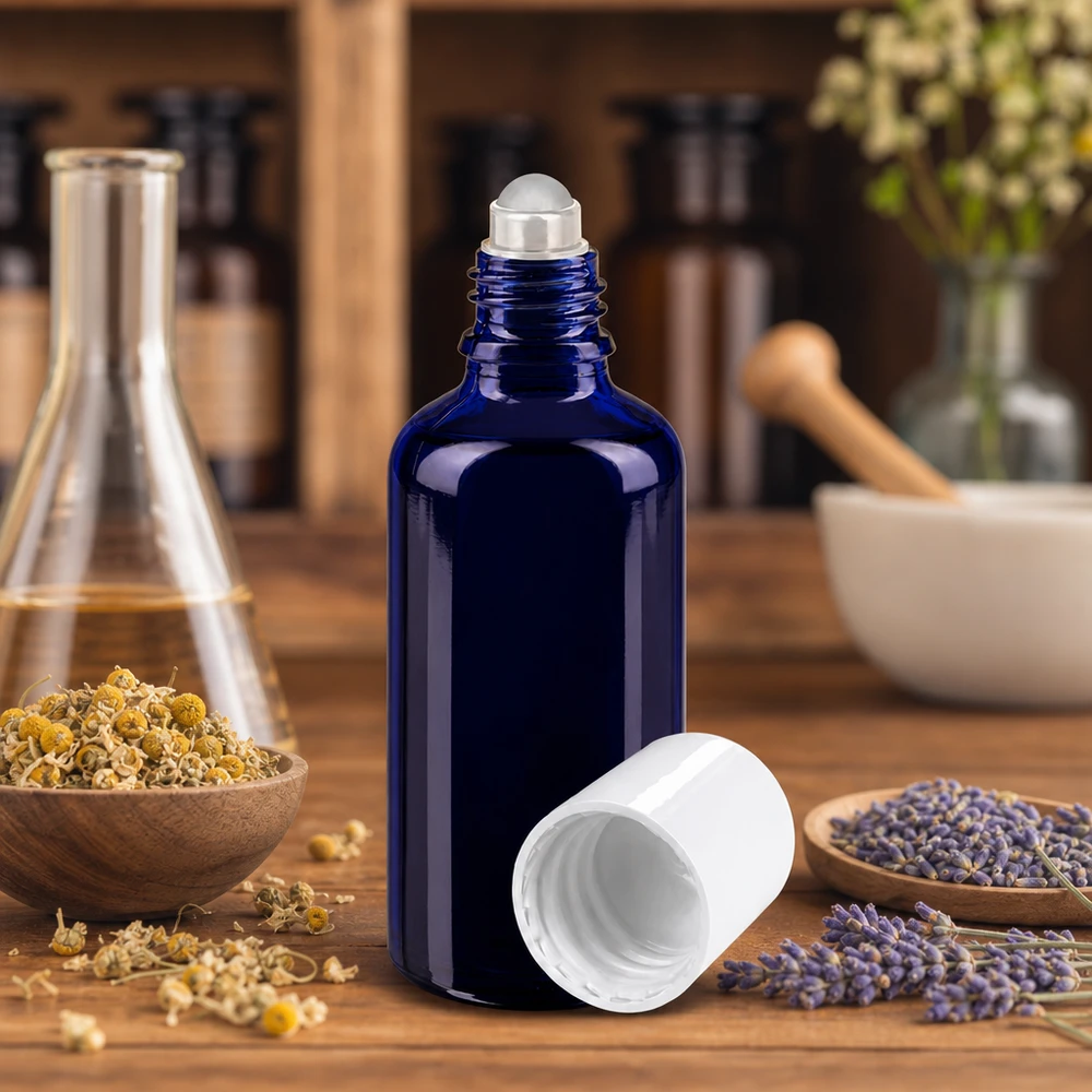 Flacon en verre d'apothicaire bleu de 50 ml avec applicateur à bille et bouchon blanc, orné de fleurs de lavande et de camomille