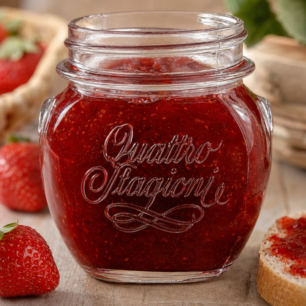 300ml Quattro Stagioni Pot ménager rempli de confiture de fraises à côté de fraises fraîches et de pain sur une table en bois