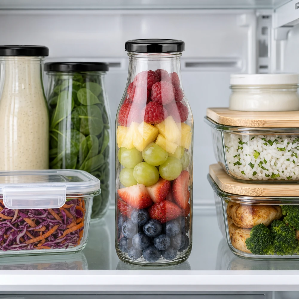 Bouteille en verre de 263 ml avec couvercle noir dans le réfrigérateur remplie de fruits et de baies colorés pour la conservation