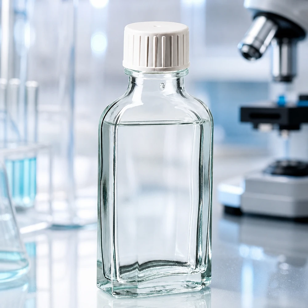 Flacon de laboratoire rectangulaire de 50 ml en verre borosilicaté transparent avec bouchon à vis blanc