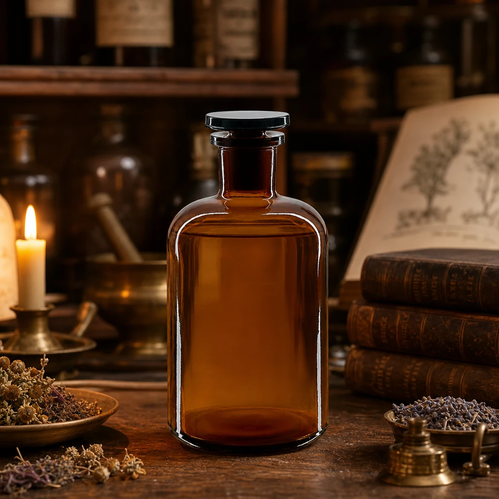 Flacon pharmaceutique 500 ml col étroit en verre ambré + bouchon Flacon de pharmacie de 500 ml, brun, à col étroit, avec bouchon en verre, pour une conservation à l'abri de la lumière