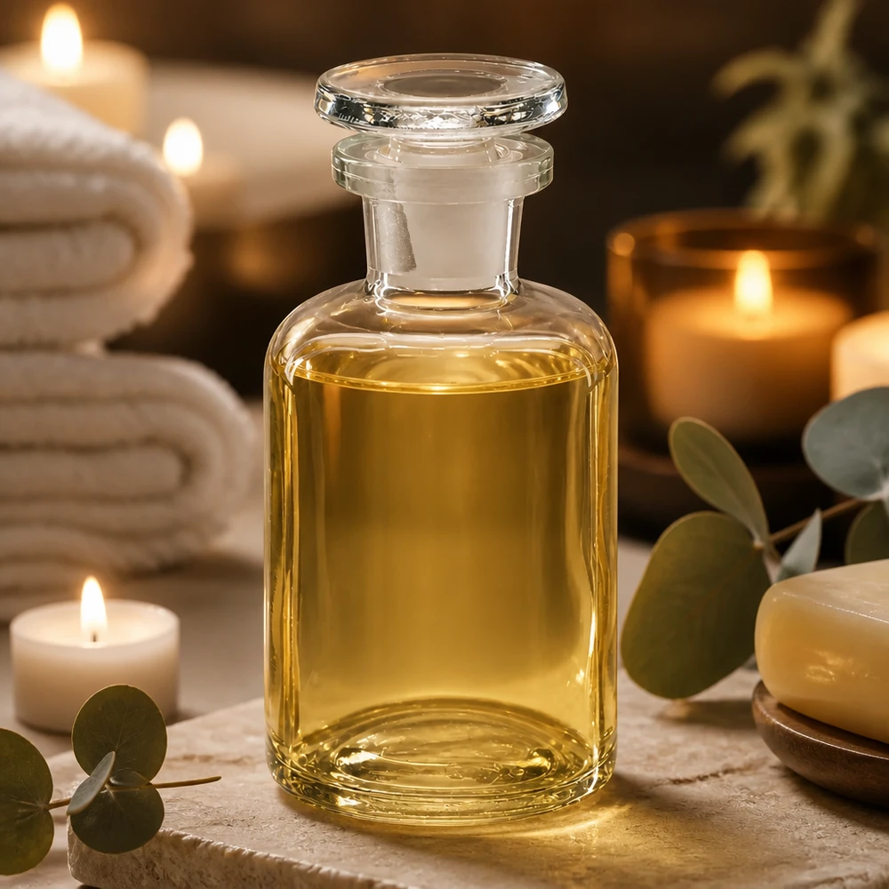 Flacon pharmaceutique 50 ml col étroit en verre clair + bouchon Flacon en verre à épaulement arrondi, 50 ml, transparent, avec bouchon en verre, dans une ambiance spa avec des bougies et de l'eucalyptus