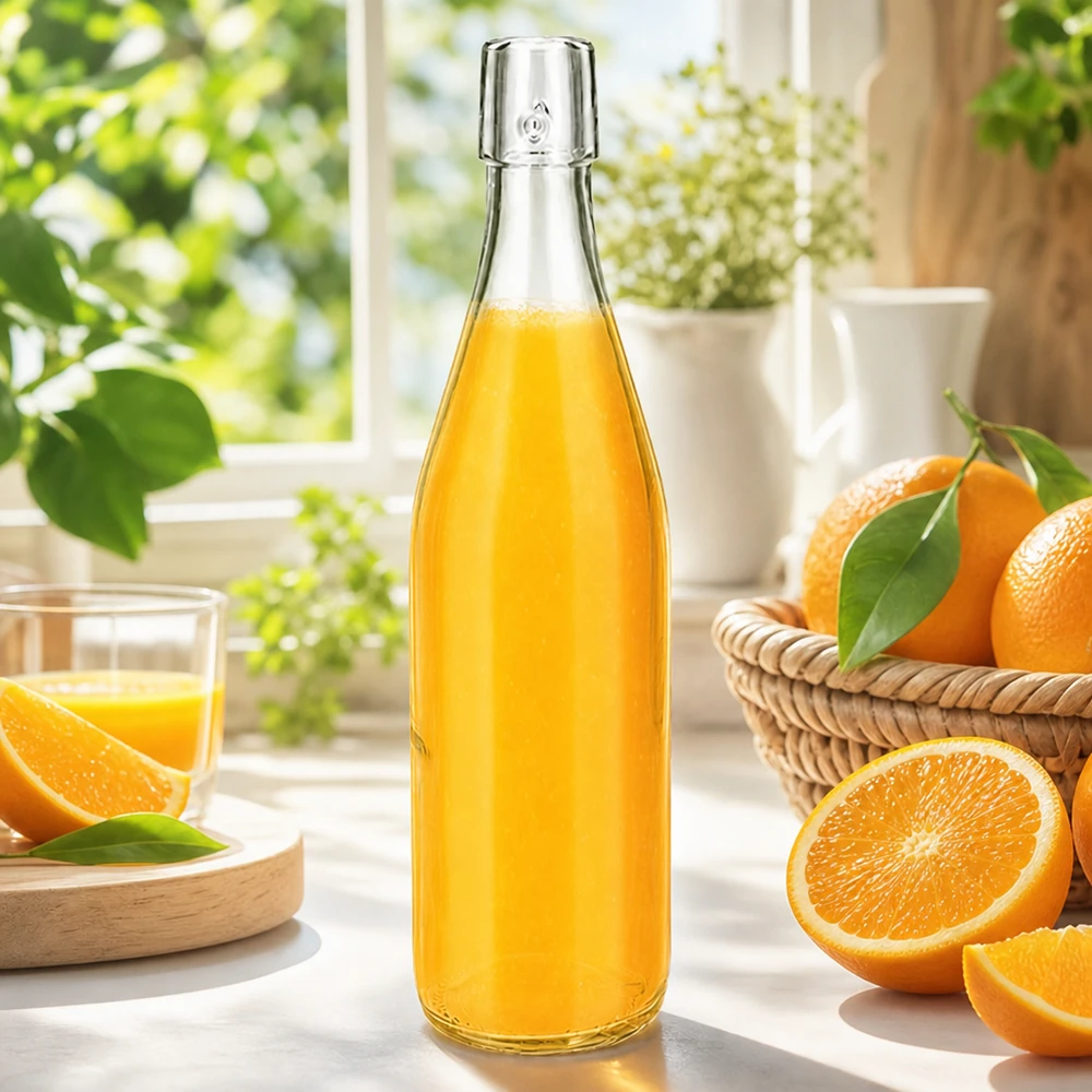 Bouteille en verre de 500 ml sans bouchon mécanique UNiTWIST 500ml UNiTWIST Glasflasche mit frischem Orangensaft auf sonniger Fensterbank mit Orangen und Glas im Landhausstil