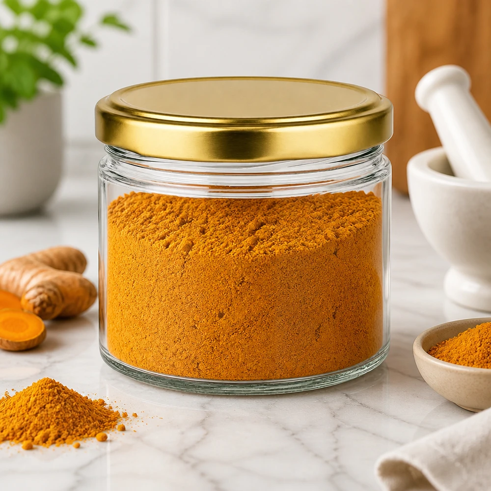 540ml verre rond avec couvercle BasicSeal doré rempli de poudre de curcuma sur plan de travail en marbre Cuisines Ambiente